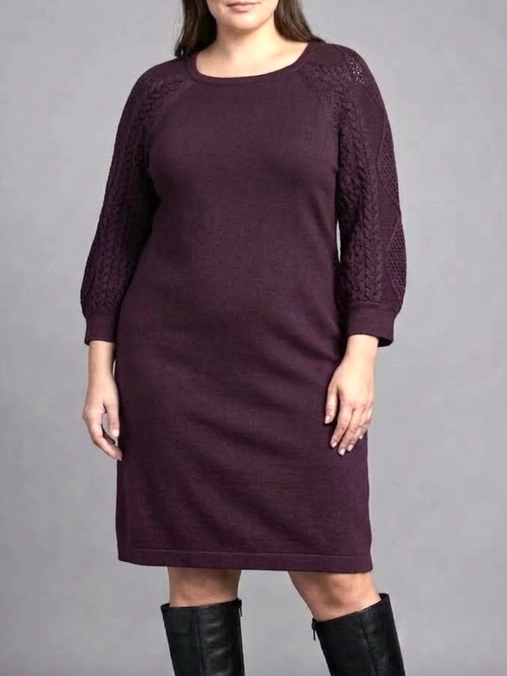 Eliza J Cable Knit Mixed Sweater Dress Size XL Dark Purple 3/4 Sleeve Holiday